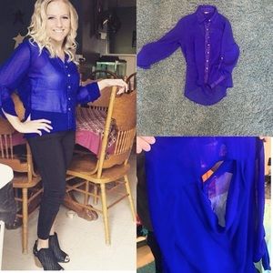 Bright royal blue see through button up blouse. Open back. Shows my back tattoo.